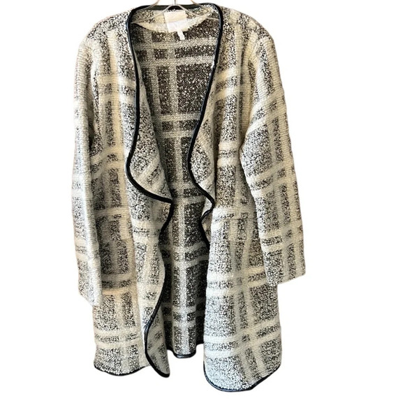Avec Les Filles Long Line Chunky Knobby Cardigan Jacket Wool Blend Window Pane - Picture 1 of 9